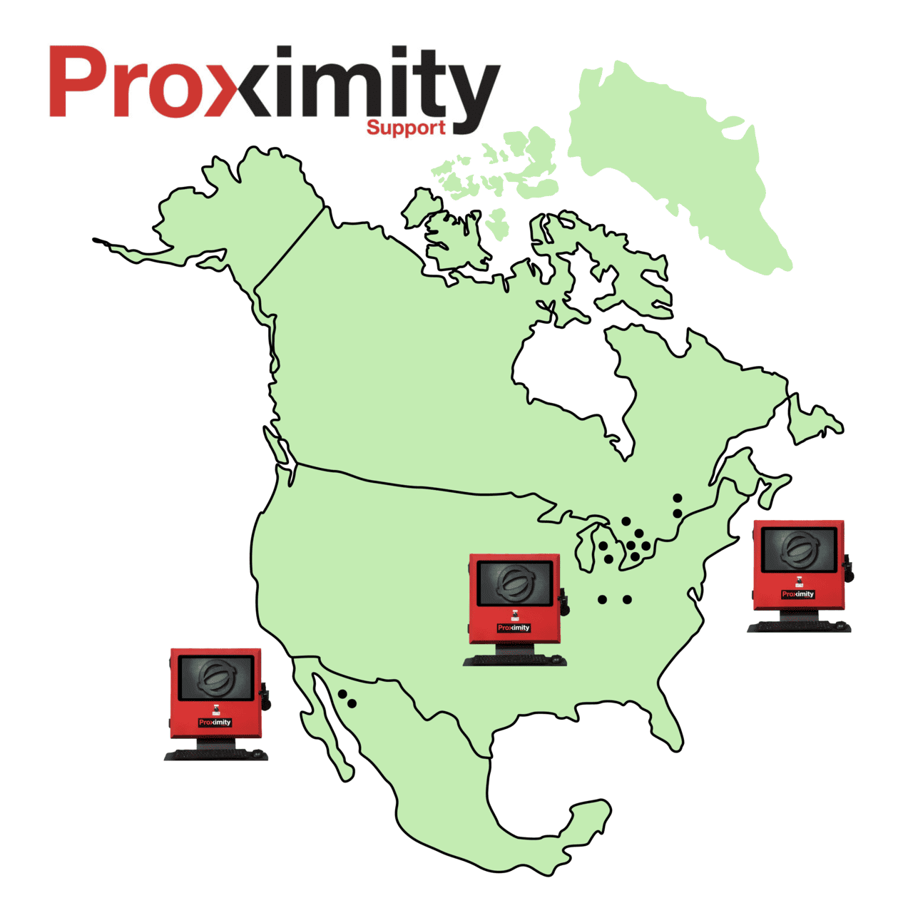 Map of BOS Proximity Support systems across North America with 1 Proximity Support Panel in each country and 16 systems total.